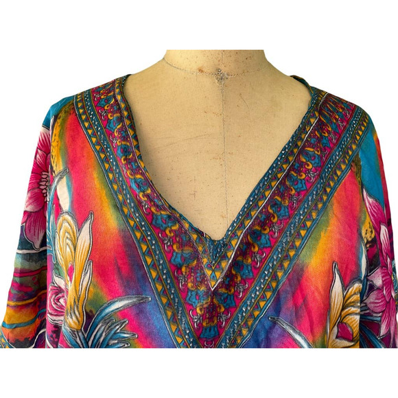Womens Kaftan House Dress Floral Multicolor Batwing Sleeve V-Neckline - Picture 2 of 7